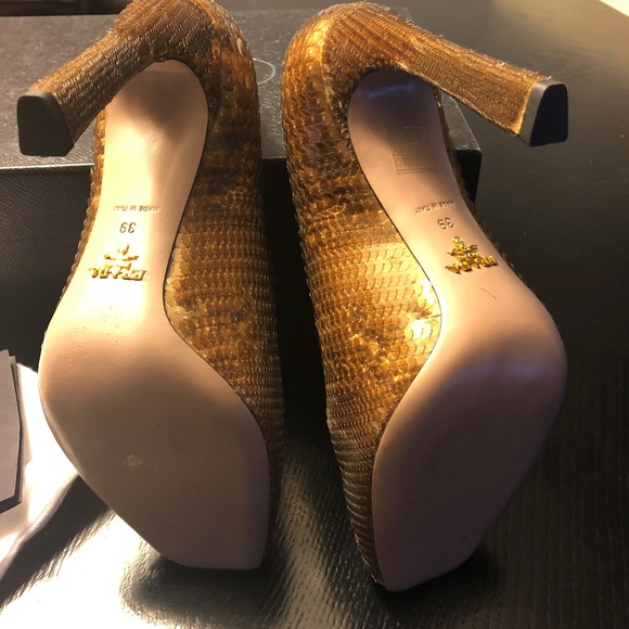 Prada Gold Bronze Sequin Peep Toe Heels 39 - Picture 5 of 7